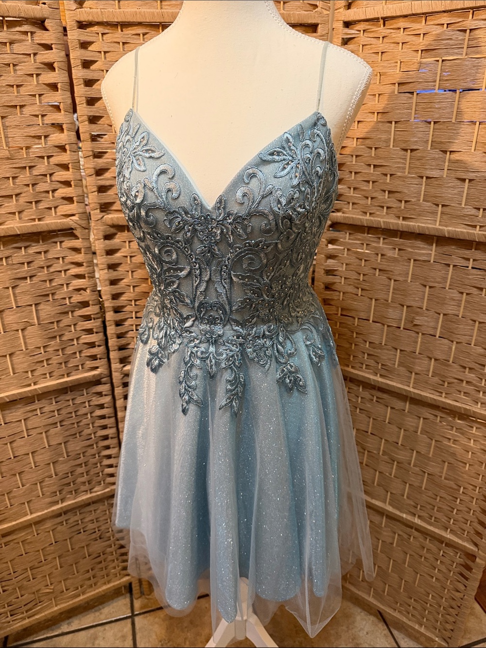 Hand Crafted Silver Blue Embroidered Prom Dress